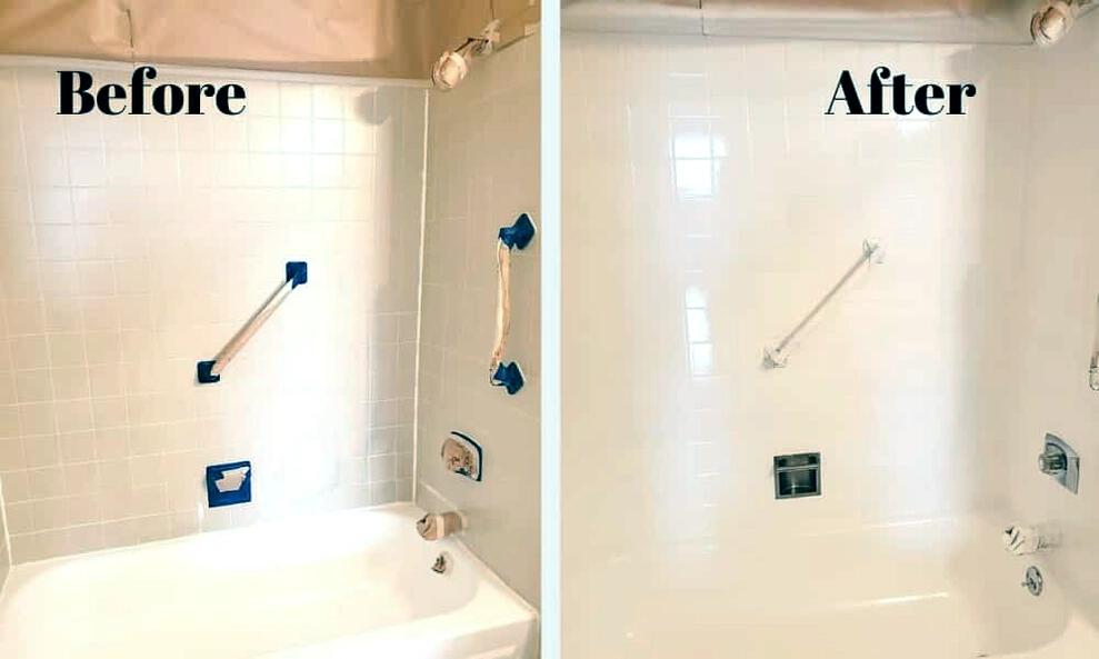 The image shows the before and after of the same bathtub with the before looking yellow and dirty and the after looking white and clean.